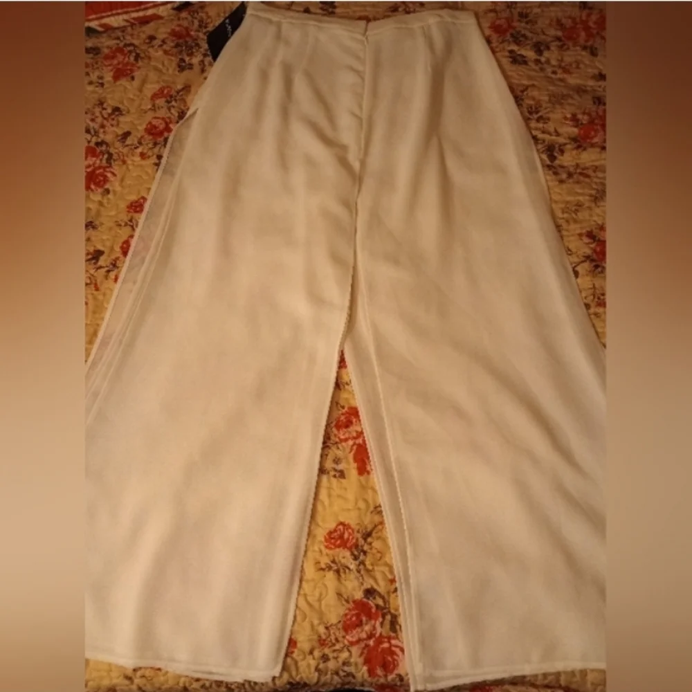 NWT Wide-Leg High Waisted Chiffon Trim White Pants Womens